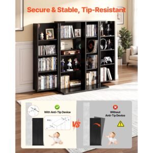 media storage cabinet, 4 tier dvd shelf organizer, 24.02 x 14.49 x 33.31 in multimedia storage organizer for cds, dvds, books, games, cd shelf for living room, home office, recording room, black