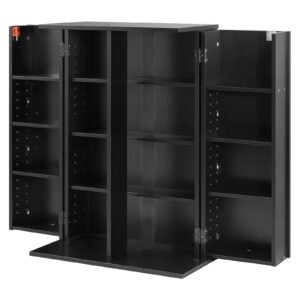 Media Storage Cabinet, 4-Tier DVD Shelf Organizer, 24.02 x 14.49 x 33.31 in Multimedia Storage Organizer for CDs, DVDs, Books, Games, CD Shelf for Living Room, Home Office, Recording Room, Black