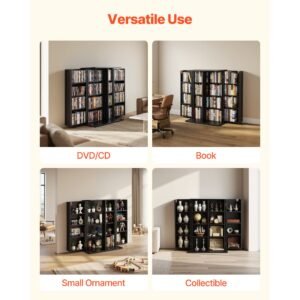 media storage cabinet, 4 tier dvd shelf organizer, 24.02 x 14.49 x 33.31 in multimedia storage organizer for cds, dvds, books, games, cd shelf for living room, home office, recording room, black