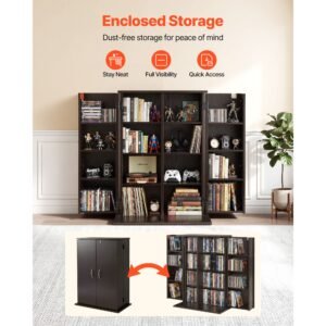 media storage cabinet, 4 tier dvd shelf organizer, 24.02 x 14.49 x 33.31 in multimedia storage organizer for cds, dvds, books, games, cd shelf for living room, home office, recording room, brown