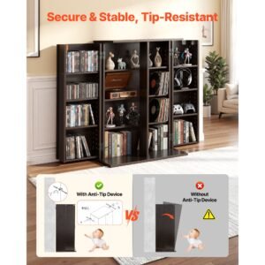 media storage cabinet, 4 tier dvd shelf organizer, 24.02 x 14.49 x 33.31 in multimedia storage organizer for cds, dvds, books, games, cd shelf for living room, home office, recording room, brown
