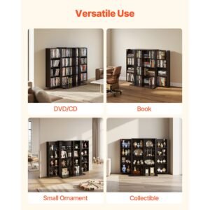 media storage cabinet, 4 tier dvd shelf organizer, 24.02 x 14.49 x 33.31 in multimedia storage organizer for cds, dvds, books, games, cd shelf for living room, home office, recording room, brown