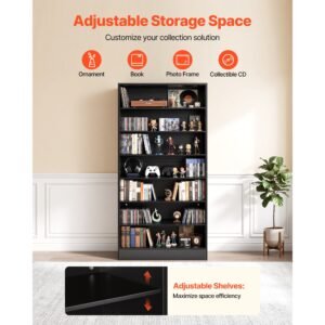 media storage cabinet, 7 tier dvd shelf organizer, 27.56 x 11.81 x 55.12 in multimedia storage organizer for cds, dvds, books and games, cd shelf for living room, home office, recording room