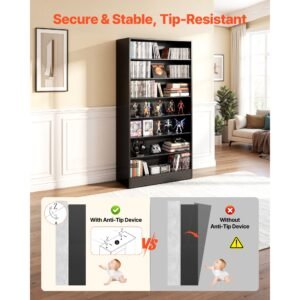 media storage cabinet, 7 tier dvd shelf organizer, 27.56 x 11.81 x 55.12 in multimedia storage organizer for cds, dvds, books and games, cd shelf for living room, home office, recording room