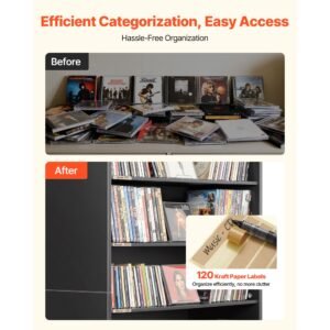 media storage cabinet, 7 tier dvd shelf organizer, 27.56 x 11.81 x 55.12 in multimedia storage organizer for cds, dvds, books and games, cd shelf for living room, home office, recording room