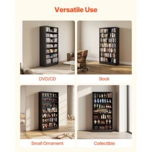 media storage cabinet, 7 tier dvd shelf organizer, 27.56 x 11.81 x 55.12 in multimedia storage organizer for cds, dvds, books and games, cd shelf for living room, home office, recording room