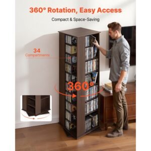 media storage cabinet, cd rack tower, 34 compartments rotating media tower rack for cds, dvds, books and game discs, dvd stand for living room, home office and recording room, brown