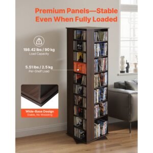 media storage cabinet, cd rack tower, 34 compartments rotating media tower rack for cds, dvds, books and game discs, dvd stand for living room, home office and recording room, brown