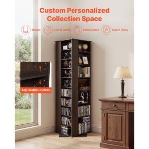 media storage cabinet, cd rack tower, 34 compartments rotating media tower rack for cds, dvds, books and game discs, dvd stand for living room, home office and recording room, brown