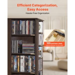 media storage cabinet, cd rack tower, 34 compartments rotating media tower rack for cds, dvds, books and game discs, dvd stand for living room, home office and recording room, brown