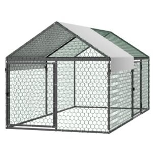 Metal Chicken Coop for 4-6 Chickens, 3.3 x 6.6 x 3.3 ft, Small Chicken Cage with Waterproof Cover & Double Doors, Spire Roof Poultry Run Compatible with Wooden Coops, for Rabbit Hen Goose Duck