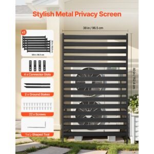 metal privacy screen, 38" w x 60" h freestanding modern privacy fence, garden divider panel with extended ground stakes & panel height adjustable, freestanding outdoor divider for garden, indoor