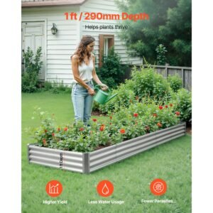 metal raised garden bed, 12 x 4 x 1 ft outdoor galvalume planter garden box, open bottom design, large planter raised bed for growing vegetables, flowers, and succulents, galvanized color