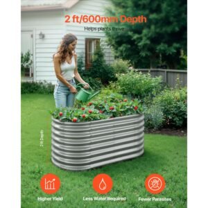 metal raised garden bed, 4 x 2 x 2 ft oval outdoor galvanized planter garden box, open bottom design, large planter raised bed for growing vegetables, flowers, and succulents, galvanized color