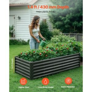 metal raised garden bed, 6 x 3 x 1.4 ft outdoor galvanized planter garden box, open bottom design, large planter raised bed for growing vegetables, flowers, herbs, and succulents, dark gray