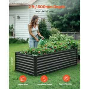 metal raised garden bed, 6 x 3 x 2 ft outdoor galvanized planter garden box, open bottom design, large planter raised bed for growing vegetables, flowers, herbs, and succulents, dark gray