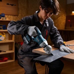 metal shear, cordless sheet metal cutter with 360 degree pivoting head, double blades, 110vac 20vdc, cuts 18 ga galvanized steel, 20 ga stainless steel, aluminum, plastic, cardboard, 2800spm