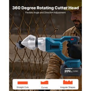 metal shear, cordless sheet metal cutter with 360 degree pivoting head, double blades, 110vac 20vdc, cuts 18 ga galvanized steel, 20 ga stainless steel, aluminum, plastic, cardboard, 2800spm