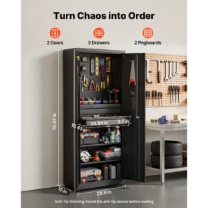metal storage cabinet, 180 lbs shelf load capacity, 70.87" tall garage tool storage cabinet with 2 locking doors, adjustable shelves, 2 drawers, pegboard, for garage, home, office, utility room