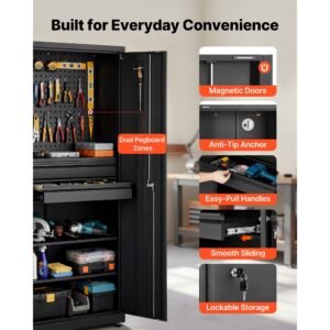 metal storage cabinet, 180 lbs shelf load capacity, 70.87" tall garage tool storage cabinet with 2 locking doors, adjustable shelves, 2 drawers, pegboard, for garage, home, office, utility room