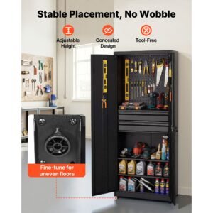 metal storage cabinet, 180 lbs shelf load capacity, 70.87" tall garage tool storage cabinet with 2 locking doors, adjustable shelves, 2 drawers, pegboard, for garage, home, office, utility room