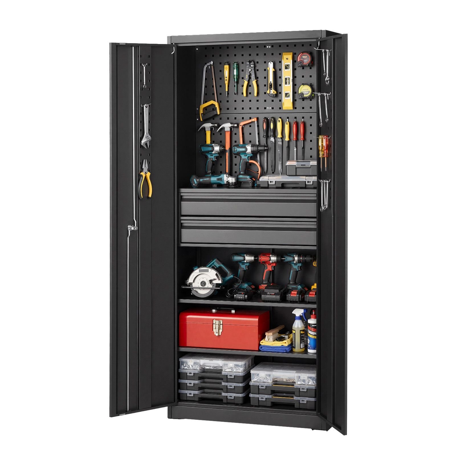 metal storage cabinet, 180 lbs shelf load capacity, 70.87" tall garage tool storage cabinet with 2 locking doors, adjustable shelves, 2 drawers, pegboard, for garage, home, office, utility room