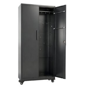 Metal Storage Cabinet, 70.6 in Rolling Steel Garage Cabinet with Adjustable Shelves, 2 Magnetic Doors, Hanging Rod & 3 Rod Hooks, 5 Tiers Lockable Tool Storage for Pantry, Warehouse, Basement