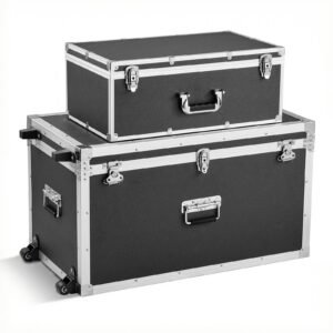 Metal Storage Trunk, Set of 2, Wooden Suitcase Storage Boxes with Padlocks, Large Trunk Includes Casters & 3 Metal Handles, Decorative Store Chest with Lids for Travel, Apartment, Dorm, Black