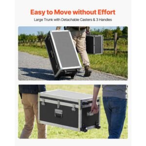 metal storage trunk, set of 2, wooden suitcase storage boxes with padlocks, large trunk includes casters & 3 metal handles, decorative store chest with lids for travel, apartment, dorm, black