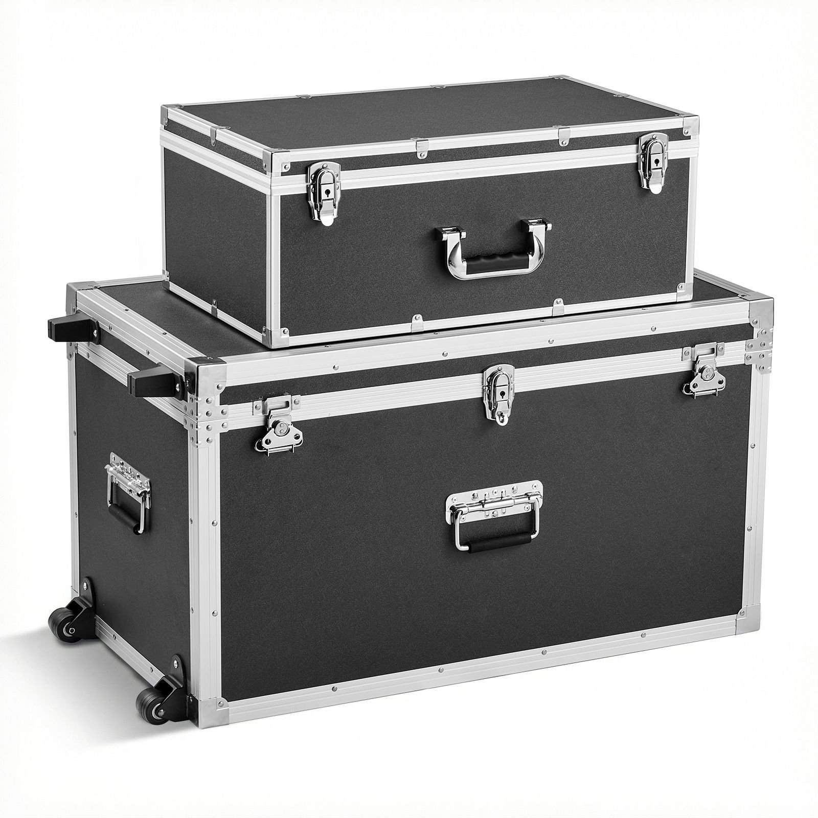 metal storage trunk, set of 2, wooden suitcase storage boxes with padlocks, large trunk includes casters & 3 metal handles, decorative store chest with lids for travel, apartment, dorm, black
