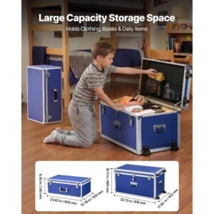 metal storage trunk, set of 2, wooden suitcase storage boxes with padlocks, large trunk includes casters & 3 metal handles, decorative store chest with lids for travel, apartment, dorm, blue