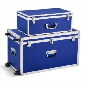 Metal Storage Trunk, Set of 2, Wooden Suitcase Storage Boxes with Padlocks, Large Trunk Includes Casters & 3 Metal Handles, Decorative Store Chest with Lids for Travel, Apartment, Dorm, Blue