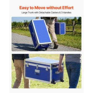 metal storage trunk, set of 2, wooden suitcase storage boxes with padlocks, large trunk includes casters & 3 metal handles, decorative store chest with lids for travel, apartment, dorm, blue