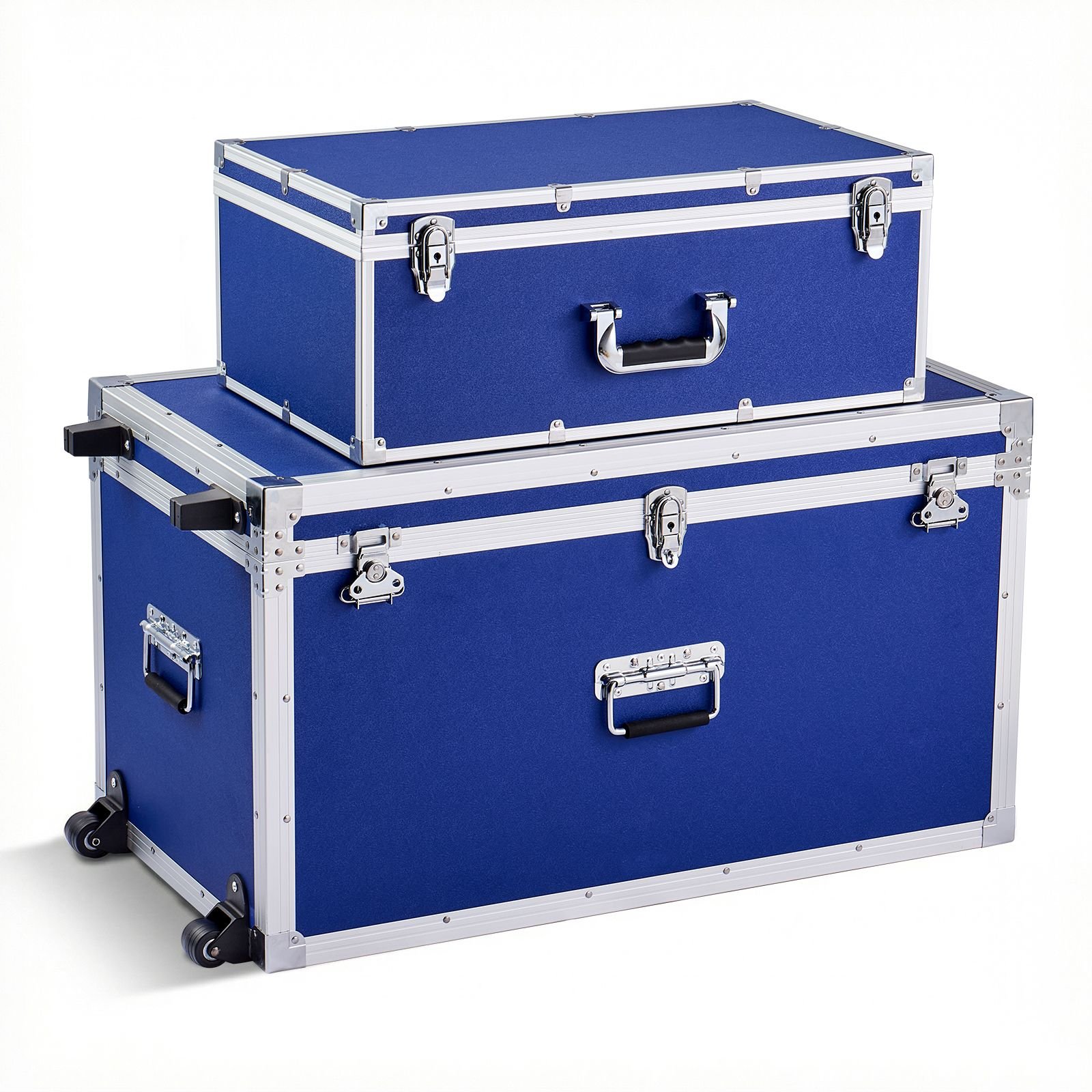 metal storage trunk, set of 2, wooden suitcase storage boxes with padlocks, large trunk includes casters & 3 metal handles, decorative store chest with lids for travel, apartment, dorm, blue