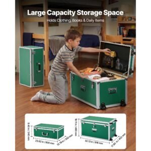 metal storage trunk, set of 2, wooden suitcase storage boxes with padlocks, large trunk includes casters & 3 metal handles, decorative store chest with lids for travel, apartment, dorm, green