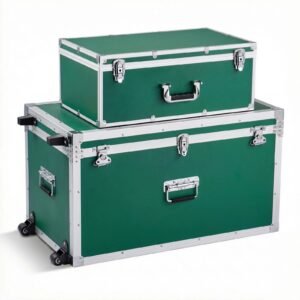 Metal Storage Trunk, Set of 2, Wooden Suitcase Storage Boxes with Padlocks, Large Trunk Includes Casters & 3 Metal Handles, Decorative Store Chest with Lids for Travel, Apartment, Dorm, Green