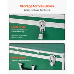 metal storage trunk, set of 2, wooden suitcase storage boxes with padlocks, large trunk includes casters & 3 metal handles, decorative store chest with lids for travel, apartment, dorm, green