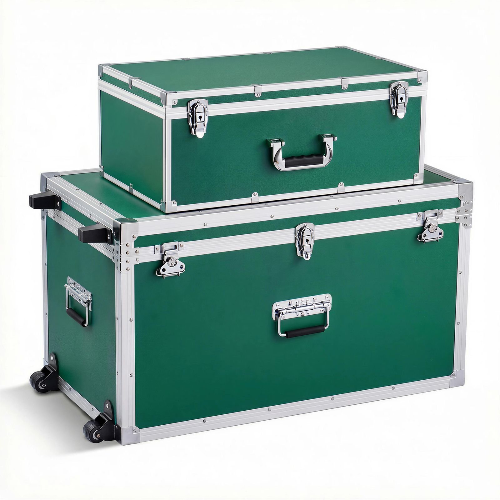 metal storage trunk, set of 2, wooden suitcase storage boxes with padlocks, large trunk includes casters & 3 metal handles, decorative store chest with lids for travel, apartment, dorm, green