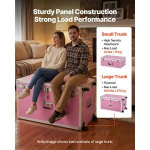 metal storage trunk, set of 2, wooden suitcase storage boxes with padlocks, large trunk includes casters & 3 metal handles, decorative store chest with lids for travel, apartment, dorm, pink