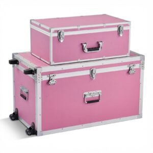Metal Storage Trunk, Set of 2, Wooden Suitcase Storage Boxes with Padlocks, Large Trunk Includes Casters & 3 Metal Handles, Decorative Store Chest with Lids for Travel, Apartment, Dorm, Pink