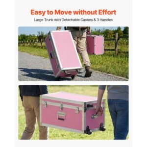 metal storage trunk, set of 2, wooden suitcase storage boxes with padlocks, large trunk includes casters & 3 metal handles, decorative store chest with lids for travel, apartment, dorm, pink