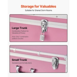 metal storage trunk, set of 2, wooden suitcase storage boxes with padlocks, large trunk includes casters & 3 metal handles, decorative store chest with lids for travel, apartment, dorm, pink