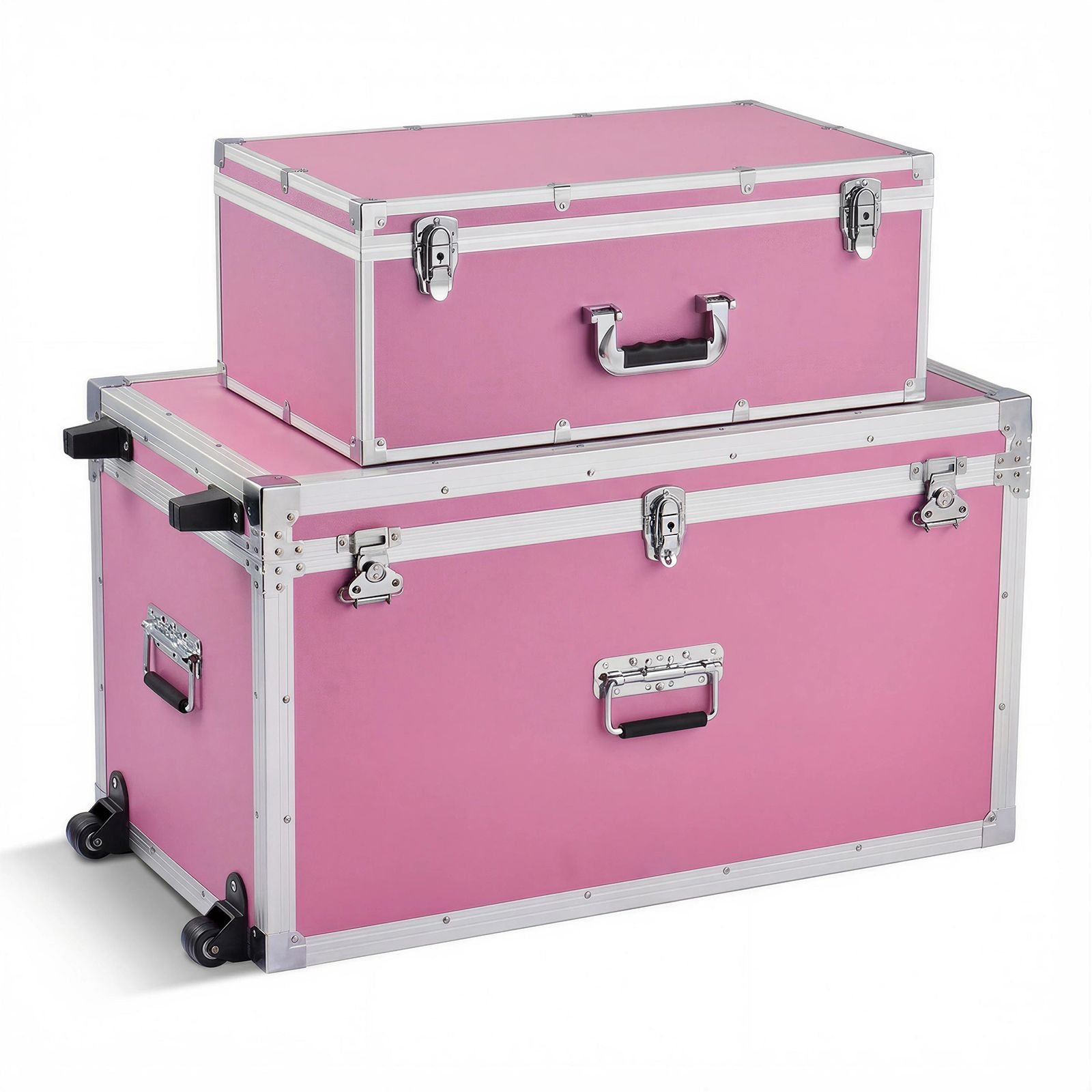 metal storage trunk, set of 2, wooden suitcase storage boxes with padlocks, large trunk includes casters & 3 metal handles, decorative store chest with lids for travel, apartment, dorm, pink