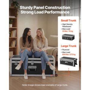 metal storage trunk, set of 2, wooden suitcase storage boxes with padlocks, large trunk includes casters and 3 metal handles, decorative store chest with lids for travel, apartment, dorm, black
