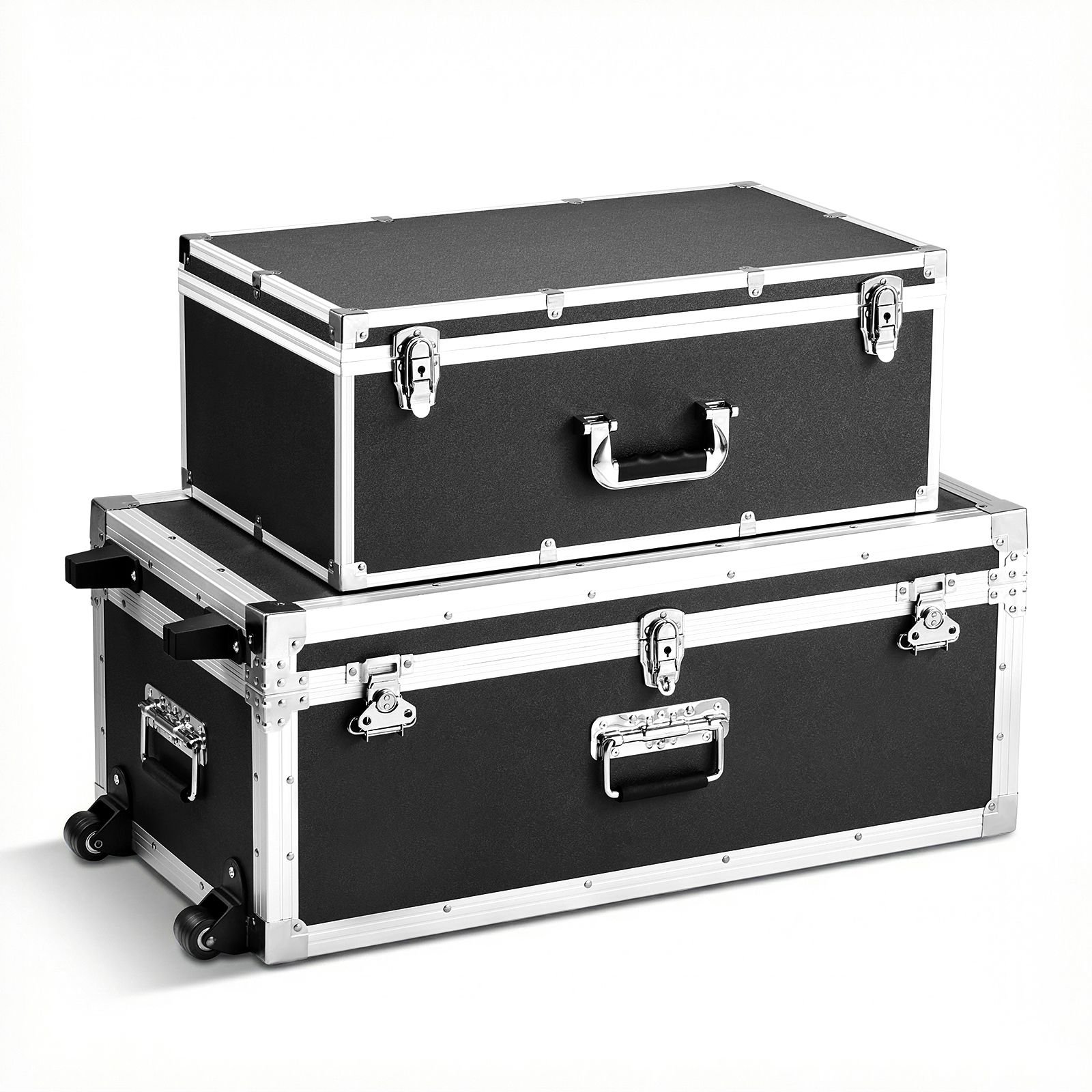 metal storage trunk, set of 2, wooden suitcase storage boxes with padlocks, large trunk includes casters and 3 metal handles, decorative store chest with lids for travel, apartment, dorm, black
