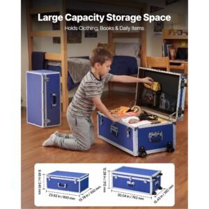 metal storage trunk, set of 2, wooden suitcase storage boxes with padlocks, large trunk includes casters and 3 metal handles, decorative store chest with lids for travel, apartment, dorm, blue