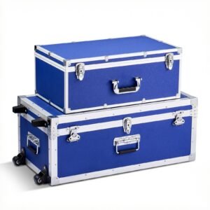 Metal Storage Trunk, Set of 2, Wooden Suitcase Storage Boxes with Padlocks, Large Trunk Includes Casters and 3 Metal Handles, Decorative Store Chest with Lids for Travel, Apartment, Dorm, Blue