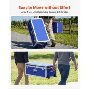 metal storage trunk, set of 2, wooden suitcase storage boxes with padlocks, large trunk includes casters and 3 metal handles, decorative store chest with lids for travel, apartment, dorm, blue