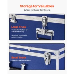metal storage trunk, set of 2, wooden suitcase storage boxes with padlocks, large trunk includes casters and 3 metal handles, decorative store chest with lids for travel, apartment, dorm, blue