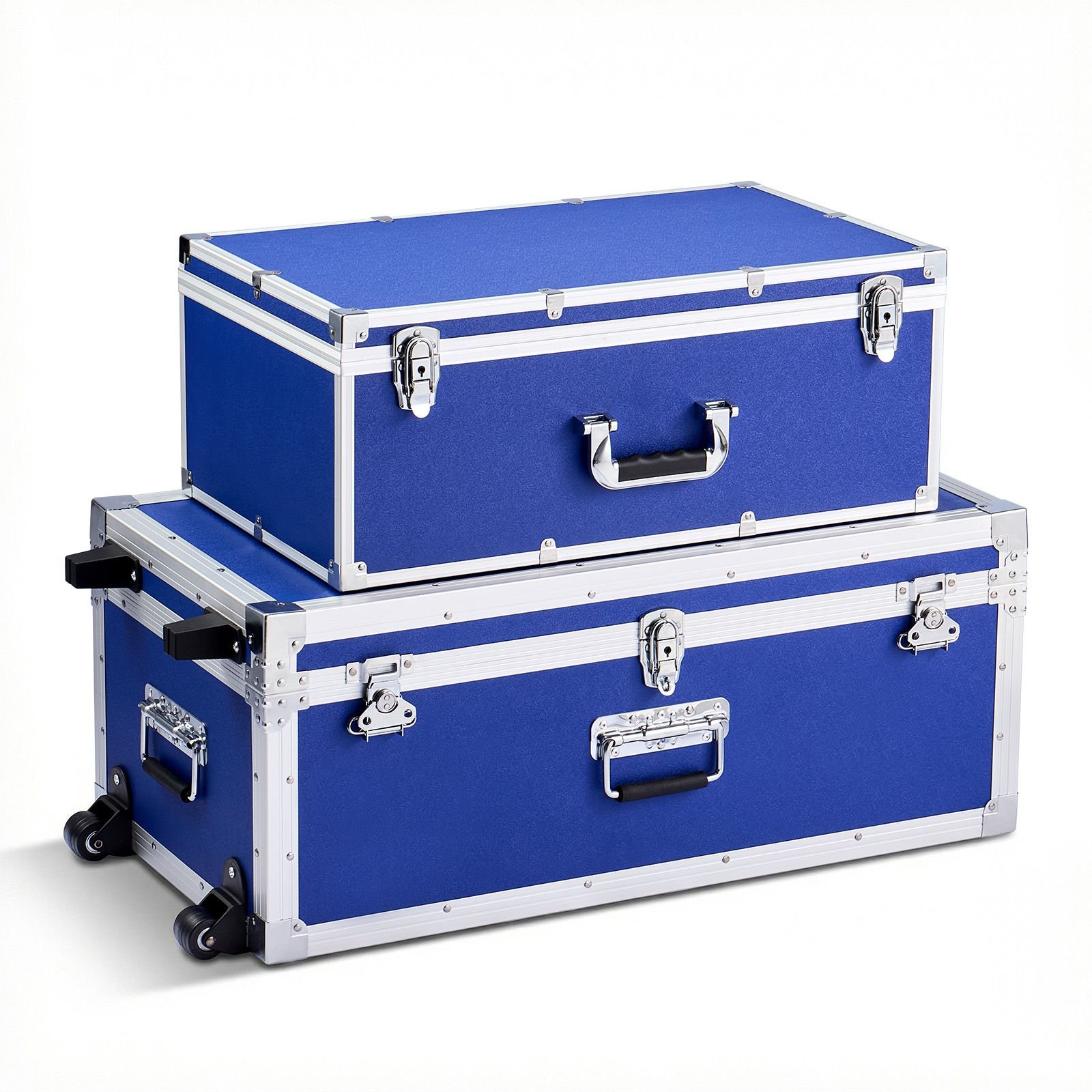 metal storage trunk, set of 2, wooden suitcase storage boxes with padlocks, large trunk includes casters and 3 metal handles, decorative store chest with lids for travel, apartment, dorm, blue